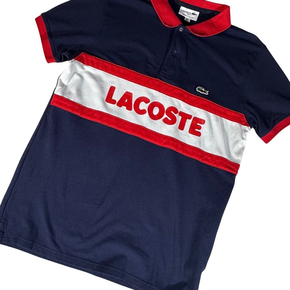 Lacoste Polo Shirt Mens L Navy Blue Red Colorblock Logo PH1889 Made in France
